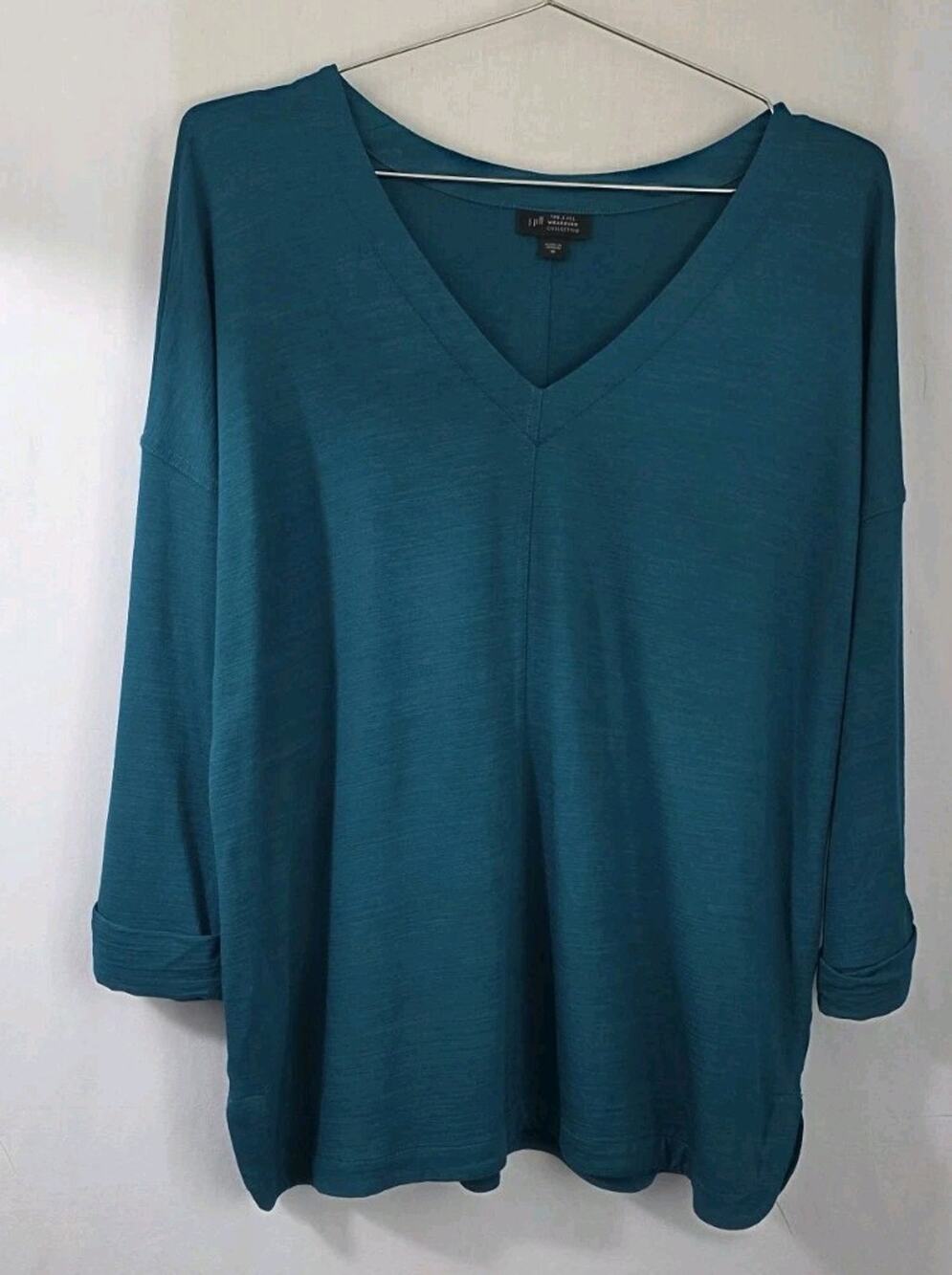 J Jill Wearever Collection Slub Knit Green V Neck 3/4 Sleeve Tunic Top Sz M